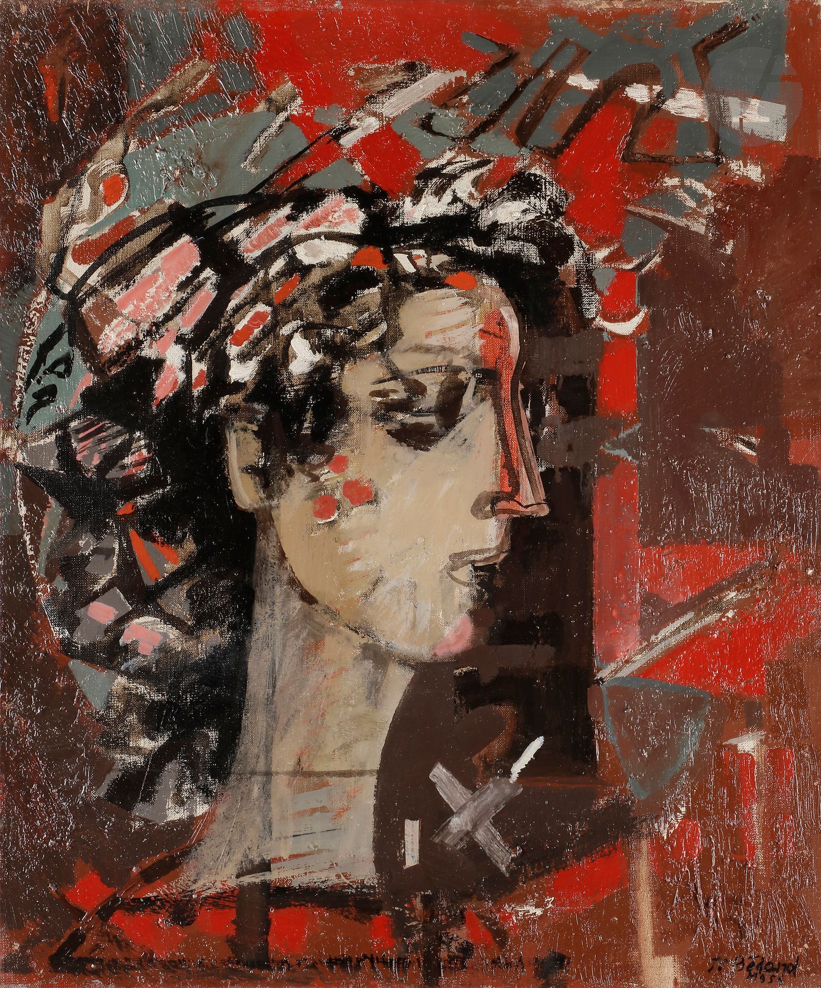Jean-Claude BÉDARD (1928-1987) 
Profil de femme, 1956 
Huile sur toile. 
Signée et datée en bas à droite. 
65 x 54 cm 

Bibliographie : 
Éric Mercier, La Jeune peinture, Années 50, Tome II, Panorama de la jeune peinture, Zurich, Artcatos, 2010, reproduit p. 48.