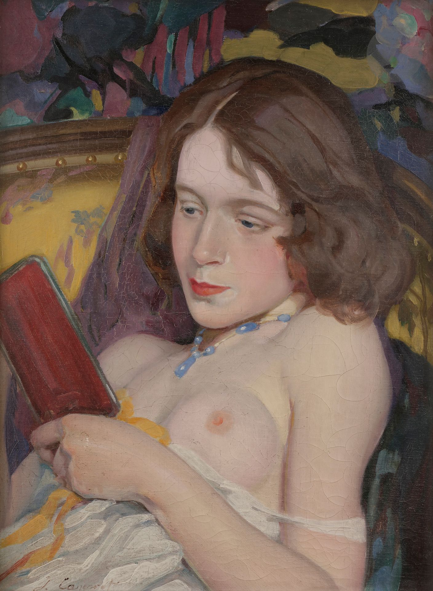 Jacques CANCARET (1876-1941) 
Jeune femme nue au miroir 
Huile sur toile. 
Signée en bas à gauche. 
55 x 38 cm