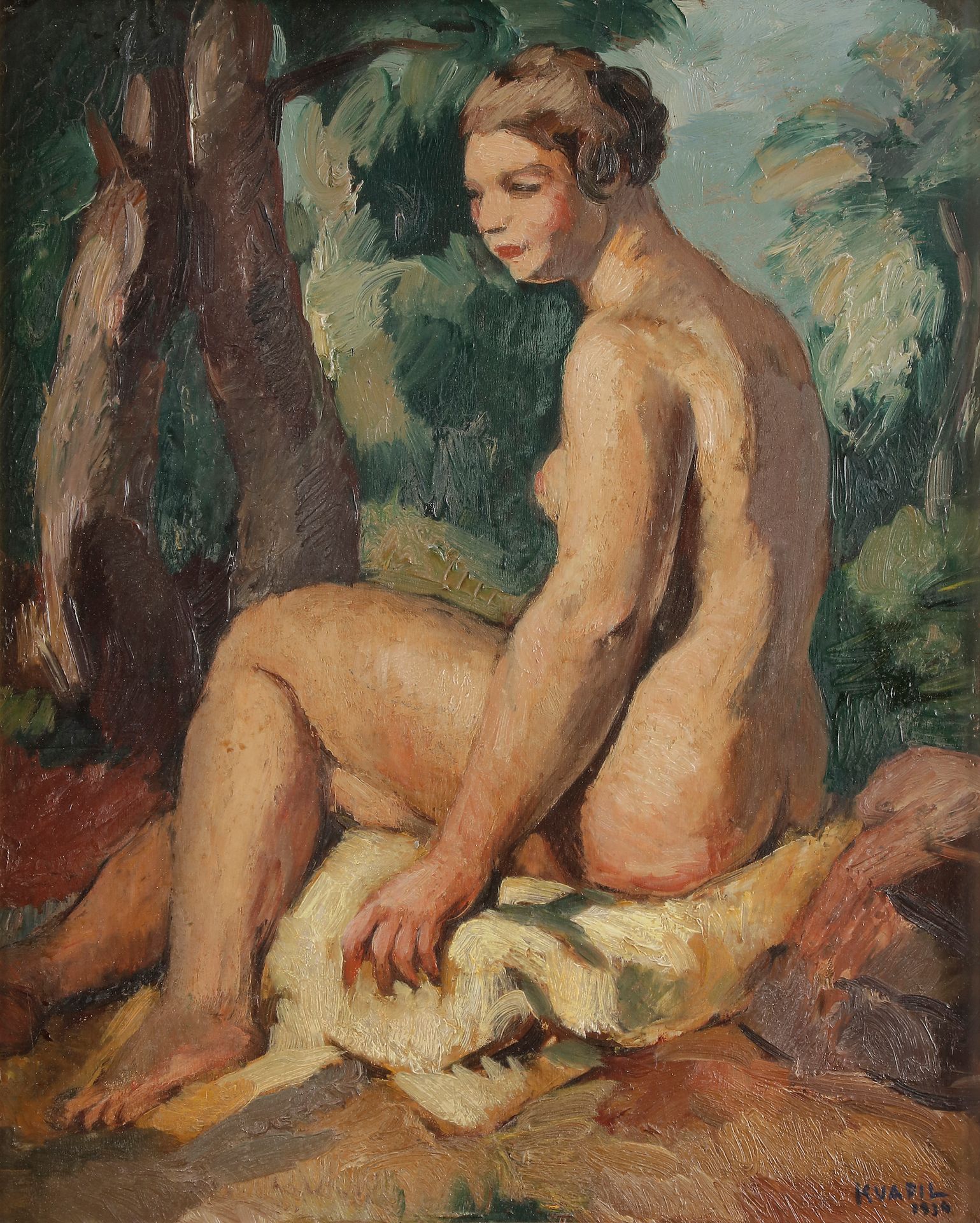 Charles KVAPIL (1884-1958) 
Baigneuse au jardin, 1934 
Huile sur panneau. 
Signée et datée en bas à droite. 
Signée, datée et dédicacée " A Caya - En toute sympathie - Kvapil - 1934 ". 
41 x 33 cm