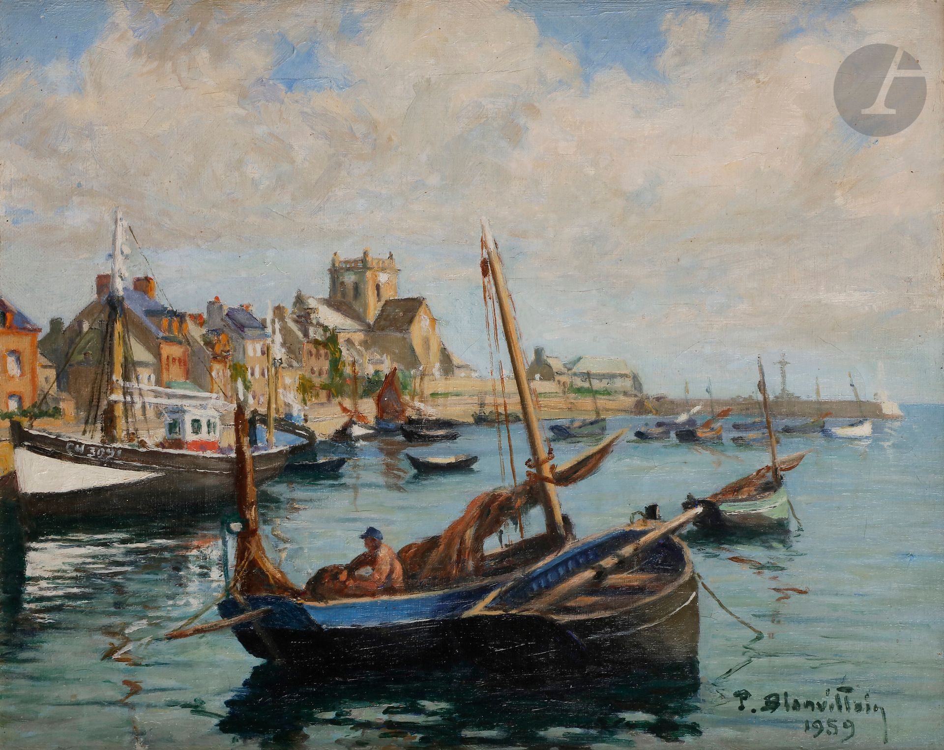 Paul BLANVILLAIN (1891-1965) 
Barfleur, le port, 1959 
Huile sur toile. 
Signée et datée en bas à droite. 
(Petites restaurations). 
32 x 40 cm