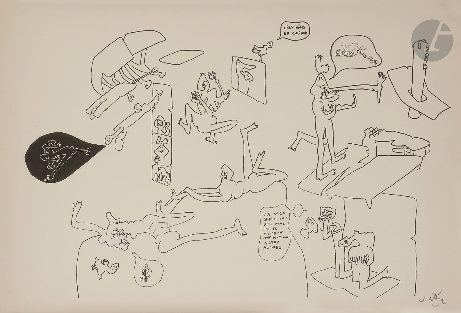 Roberto MATTA [chilien] (1911-2002)
Cien años de calidad, vers 1972
Lithographie.
Signée en bas à droite.
55 x 77 cm

Litografía.
Firmada abajo a la derecha.

Provenance : 
Collection de l’écrivain Miguel Rojas Mix.

 Notre œuvre est à mettre en relation avec le mouvement militant chilien Operación Verdad initié en 1971.