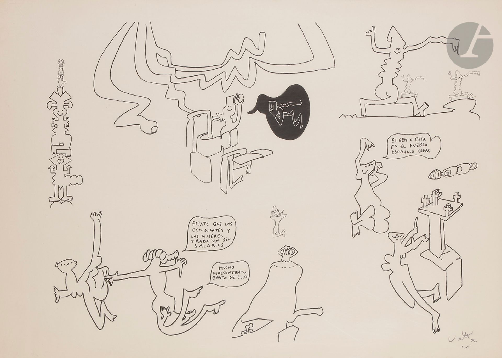 Roberto MATTA [chilien] (1911-2002)
El genio esta en el pueblo escúchalo crear, vers 1972
Lithographie.
Signée en bas à droite.
55 x 72 cm

Litografía.
Firmada abajo a la derecha.

Provenance : 
Collection de l’écrivain Miguel Rojas Mix.

 Notre œuvre est à mettre en relation avec le mouvement militant chilien Operación Verdad initié en 1971.