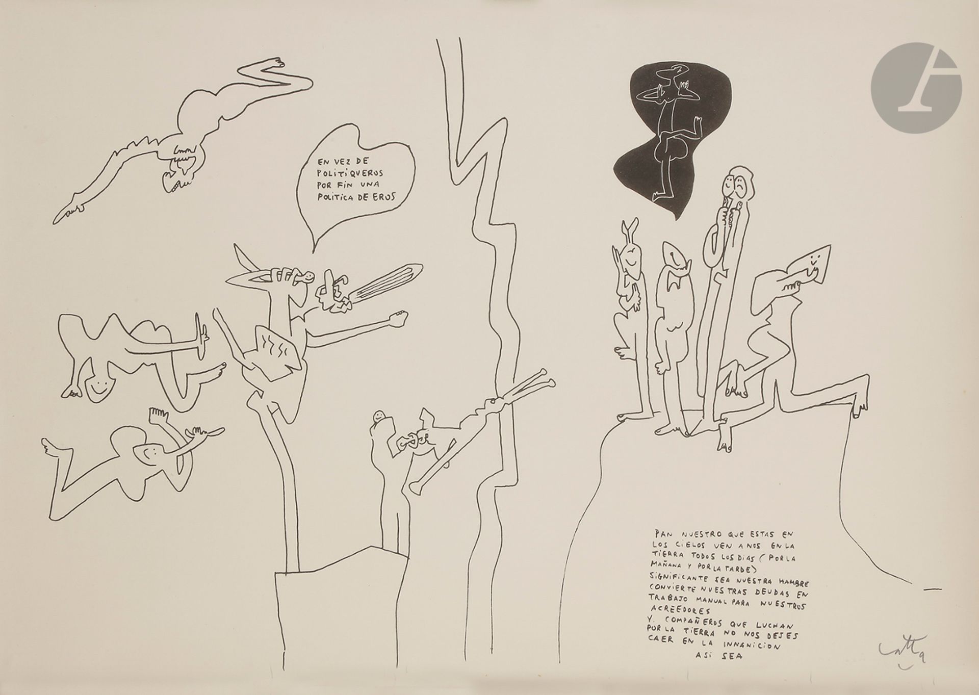 Roberto MATTA [chilien] (1911-2002)
En vez de politiqueros, vers 1972
Lithographie.
Signée en bas à droite.
55 x 77 cm

Litografía.
Firmada abajo a la derecha. 

Provenance : 
Collection de l’écrivain Miguel Rojas Mix.

 Notre œuvre est à mettre en relation avec le mouvement militant chilien Operación Verdad initié en 1971.