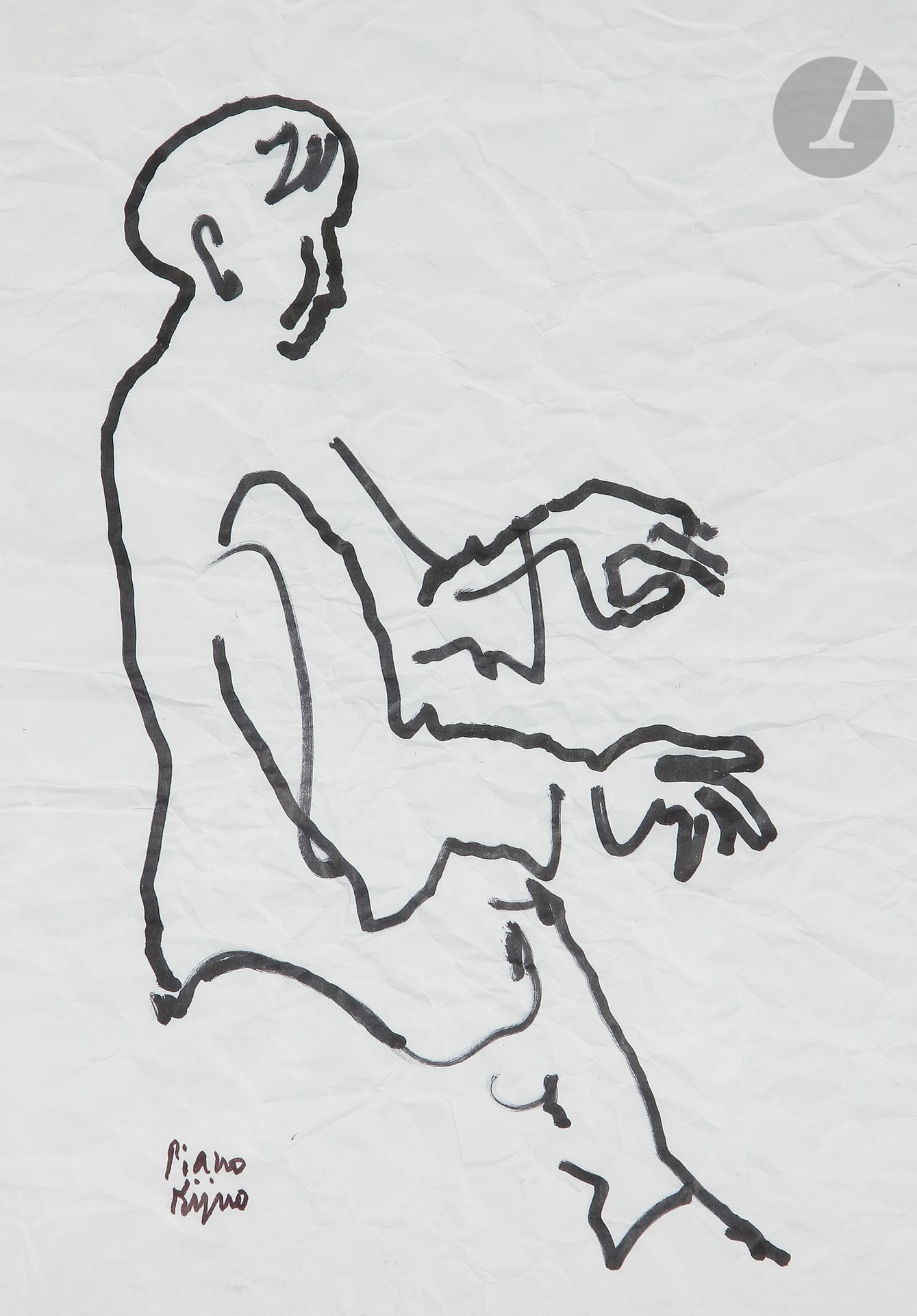 Ladislas KIJNO (1921-2012)
Pianiste
Feutre sur papier froissé.
Signé et annoté « Piano » en bas à gauche.
29 x 19 cm