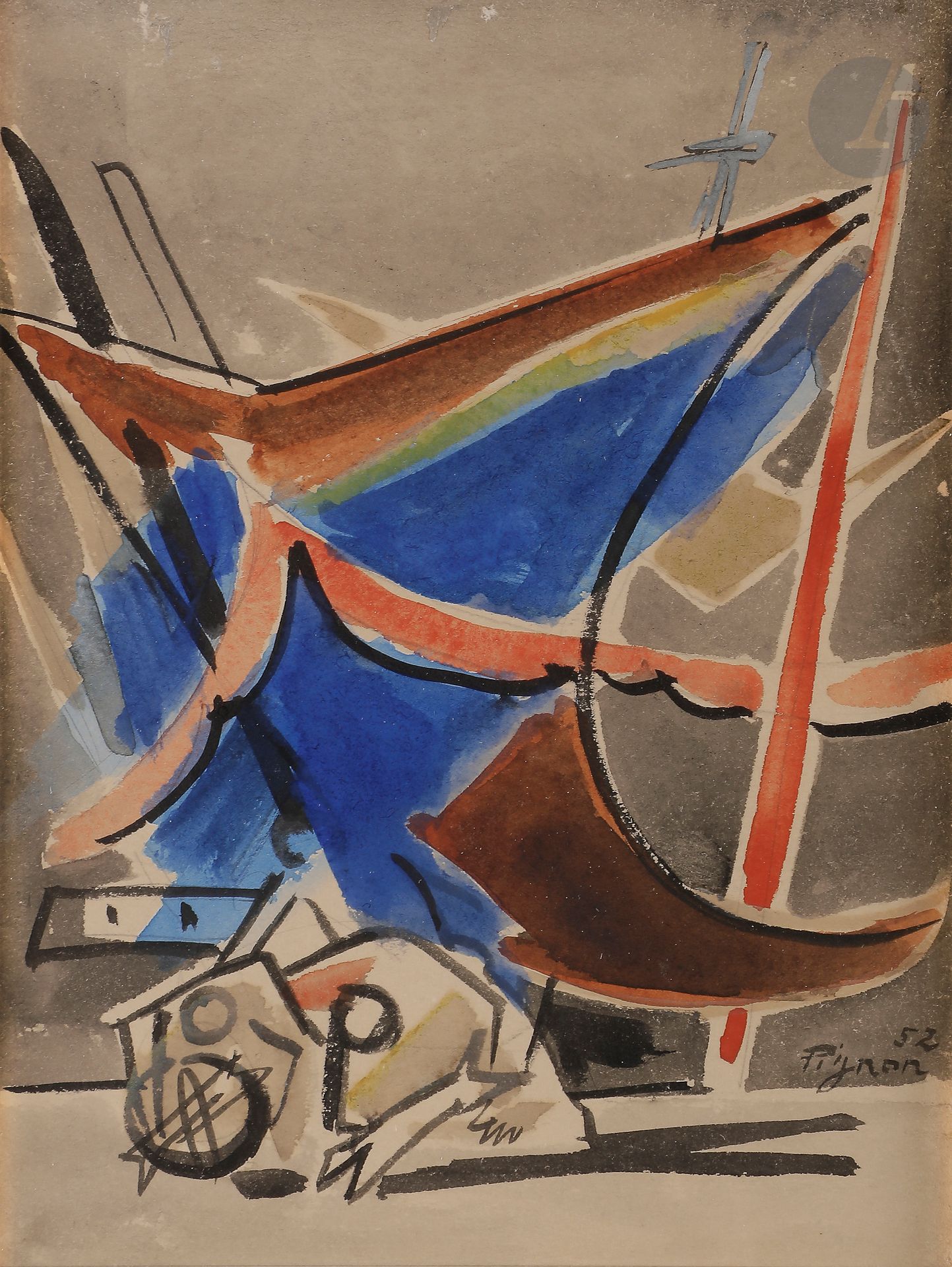 Édouard PIGNON (1905-1993)
Ostende, Bateau au port, 1952
Encre et aquarelle.
Signée et datée en bas à droite.
20 x 15 cm

Œuvre en rapport :
Philippe Bouchet, catalogue d’exposition Édouard Pignon, Ostende (1946-1953), Musée des Beaux-Arts de Lyon, 18 mai - 21 août 2017, Hazan, reproduit p. 157. 

Nous remercions Monsieur Philippe Bouchet d’avoir confirmé l’authenticité de cette œuvre et pour les informations qu’il nous a transmises.