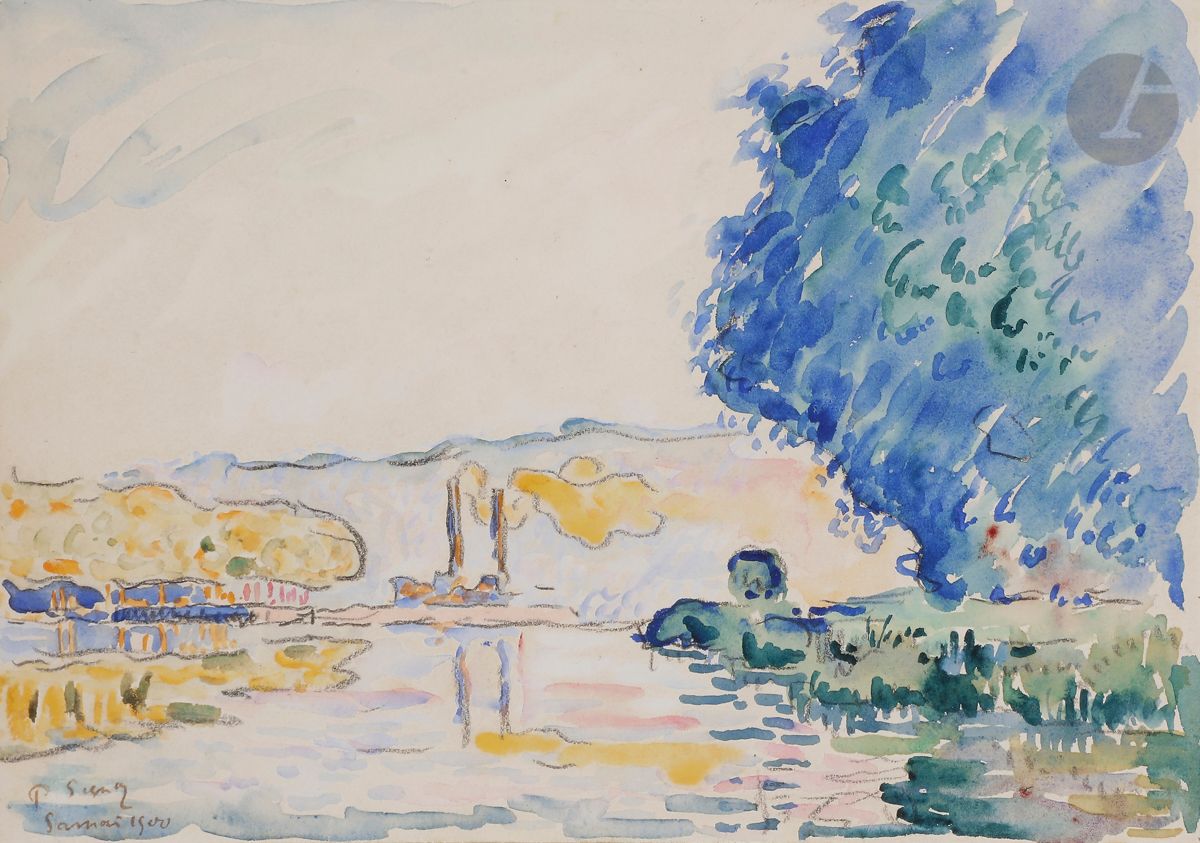 Paul SIGNAC (1863-1935)
La Seine à Samois, 1900
Aquarelle sur traits de crayon.
Signée et datée en bas à gauche.
17,6 x 25,2 cm

Une attestation n° 2012.28.03/12 de Madame Marina Ferretti en date du 28 mars 2012 sera remise à l’acquéreur.
