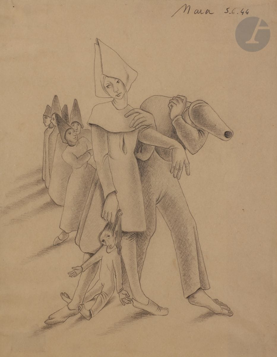 Mara RUCKI (née en 1920)
Les Noctambules, 1944
Mine de plomb.
Signée et datée en haut à droite.
26 x 20 cm