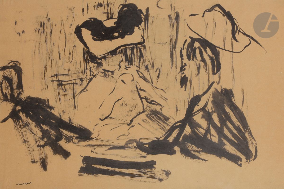 Albert MARQUET (1875-1947
)Man with a hat and an elegant woman in a café, circa
1903Brush painting.
Signed lower left.
27 x 39.5 cmExhibition

: 
Marquet, Passants de Paris, Galerie de l'Élysée, Paris.






