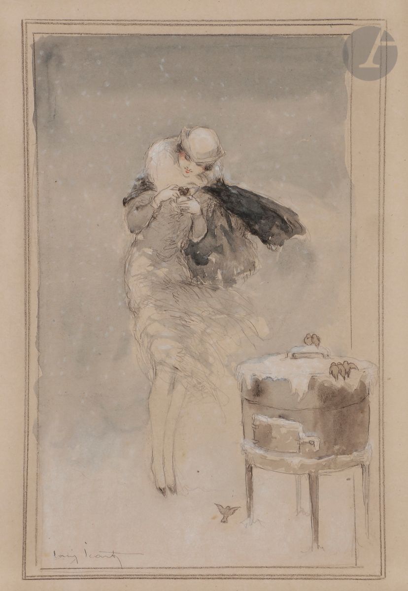 Louis ICART (1888-1950
)Elegant woman with sparrows under the snowInk
and watercolor on pencil lines and white gouache highlights.
Signed lower left.
(Tear on the left edge).
42 x 32.5 cmProvenance

: 
Paule Cailac Collection, Paris.







