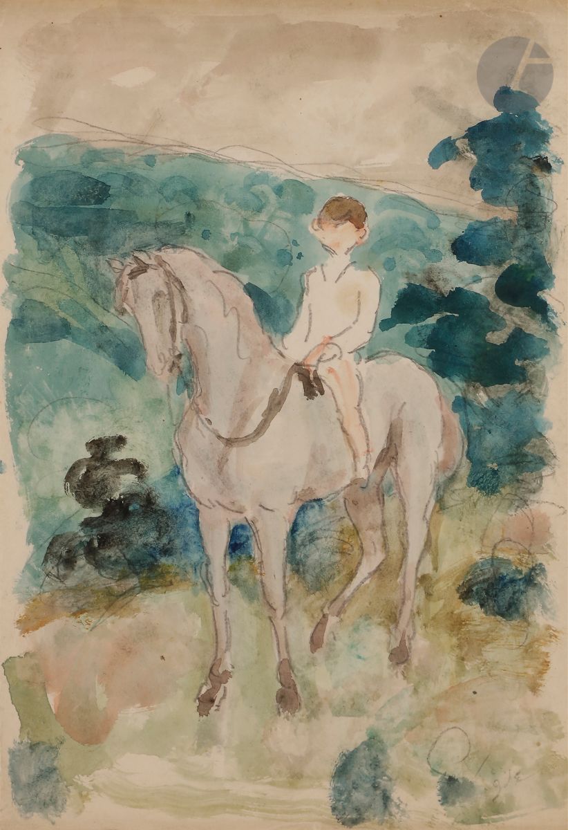 Georges d’ESPAGNAT (1870-1950)
Jeune homme à cheval
Aquarelle sur traits de crayon.
Monogrammée en bas à droite.
28 x 19 cm

Exposition : 
Collection particulière, Paris.

Un certificat de Monsieur Jean-Dominique Jacquemond pourra être remis à la charge de l’acquéreur.
