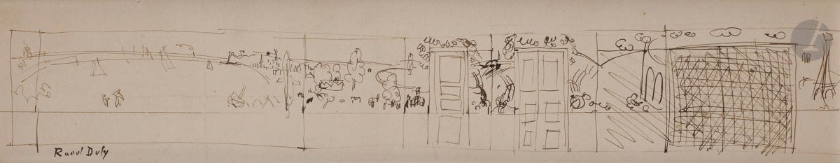 Raoul DUFY (1877-1953)
Projet de décor pour la salle à manger du Docteur Viard, vers 1927-33
Encre.
Timbre de l’atelier en bas à gauche.
11 x 54 cm