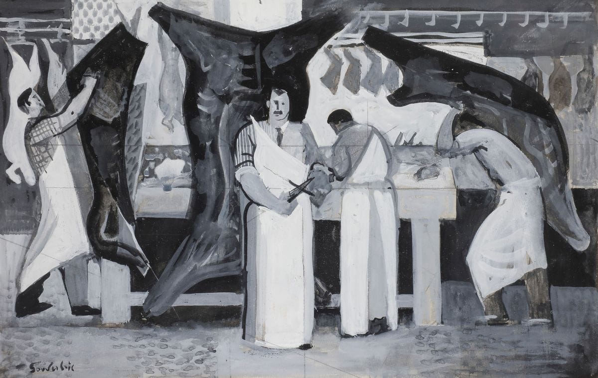 Jean SOUVERBIE (1891-1981)
La Boucherie, vers 1950-51
Gouache sur traits de crayon.
Signée en bas à gauche.
30 x 42,5 cm

Exposition : 
Les Peintres témoins de leur temps, Musée d’Art Moderne de la Ville de Paris, 2 février-4 mars 1951 (reproduit au catalogue).

Bibliographie : 
Frédéric Souverbie, Jean Souverbie (1891-1981), Paris, Éditions Gourcuff Gradenigo, 2021, reproduit.

Cette œuvre a été réalisée pour le salon « Les Peintres témoins de leur temps » qui s’est déroulé du 2 février au 4 mars 1951 au Musée d’Art Moderne de la Ville de Paris. Chaque participant devait effectuer une œuvre ayant pour thème le travail. Certains d’entre eux comme Jean Souverbie avait choisi les abattoirs de la Villette et les étals parisiens. Ce salon institué par le peintre Isis Kischka aura lieu presque tous les ans entre 1951 et 1983 au Musée d’Art Moderne de la Ville de Paris puis dans l’enceinte du Palais Galliera. 

Nous remercions Monsieur Frédéric Souverbie pour les informations contenues dans cette notice.