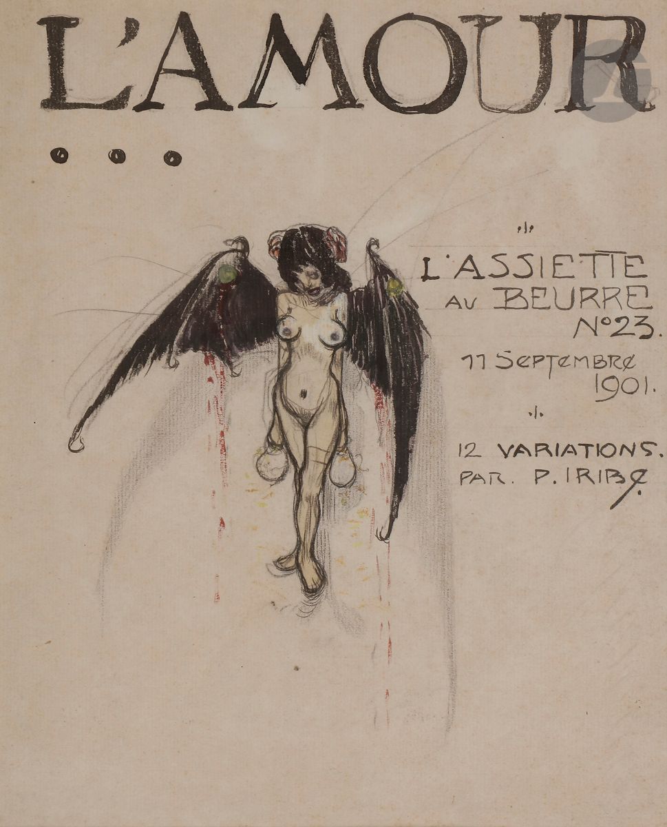 Paul IRIBE (1883-1935)
L’Amour... - L’Assiette au Beurre N° 23 - 11 septembre 1901- 12 Variations par P. Iribe
Encre et rehauts d’aquarelle.
Signée et datée.
27,5 x 22,5 cm

Cette œuvre est un projet de dessin pour l’Assiette au beurre.