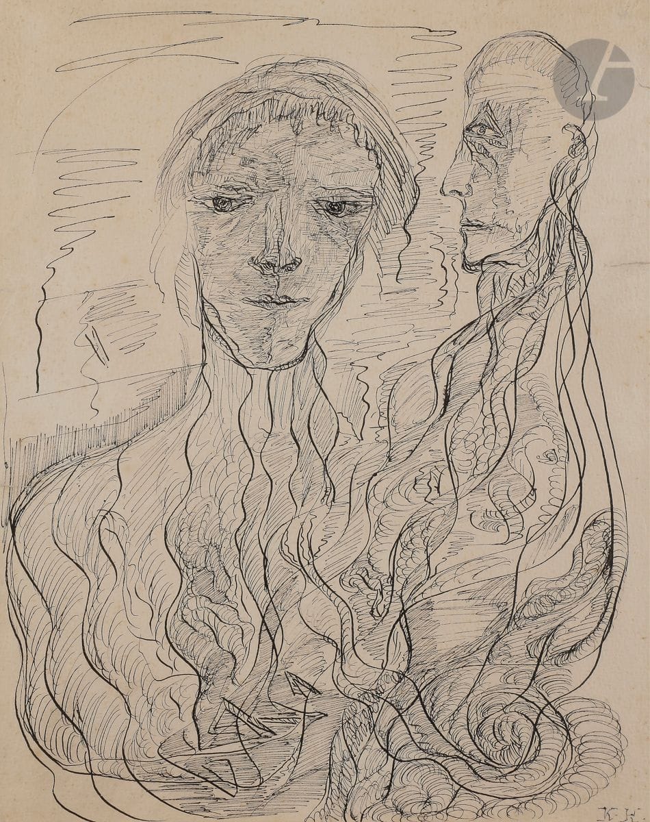 Hannah KOSNICK-KLOSS (1892-1955)
Couple surréaliste, vers 1939
Encre.
Monogrammée en bas à droite.
(Petites déchirures en marge et rousseurs).
37,5 x 29,5 cm