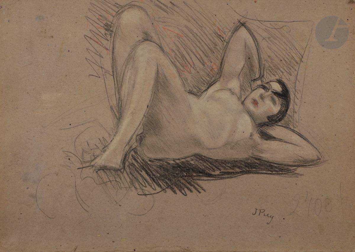 Jean PUY (1876-1960)
Femme nue alanguie
Crayon noir, crayons de couleur et rehauts de pastel sur carton.
Signé en bas à droite.
Esquisse au dos.
(Taches, frottements).
37,5 x 53 cm