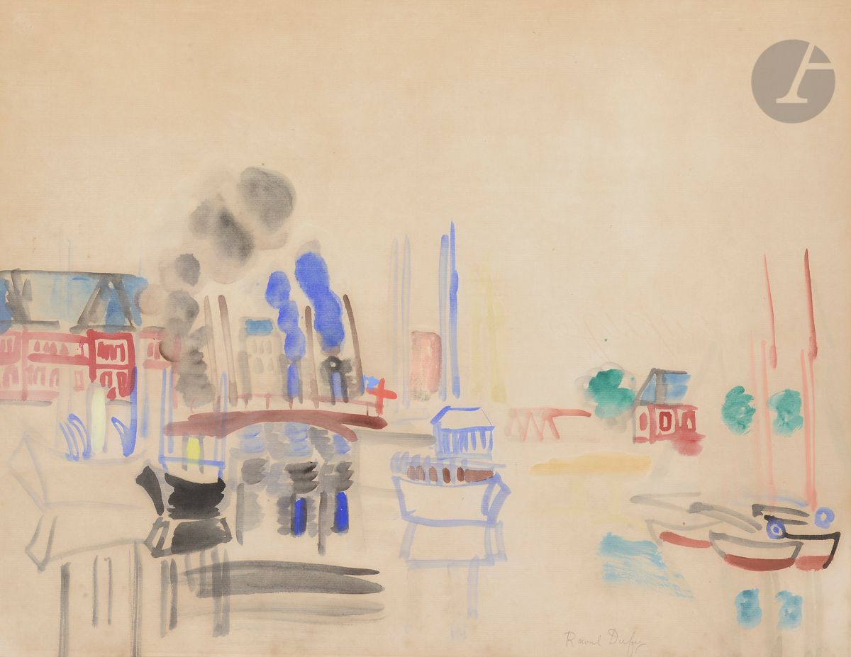 Raoul DUFY (1877-1953)
Bateaux dans le port de Deauville, vers 1923-24
Aquarelle.
Signée en bas à droite.
47,5 x 61,5 cm

L’œuvre sera reproduite dans le second supplément du Catalogue Raisonné de L’Œuvre peint de Raoul Dufy, actuellement en préparation par Madame Fanny Guillon-Laffaille.