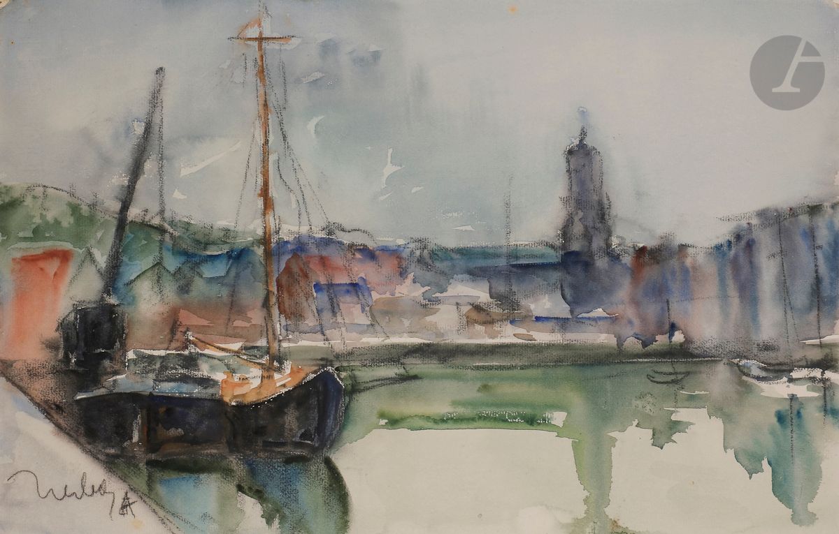 Fernand HERBO (1905-1995)
Honfleur, le port
Aquarelle et fusain.
Signée en bas à gauche.
30 x 47 cm

Provenance : 
Vente Maître Claude Robert, Paris (étiquette au dos).