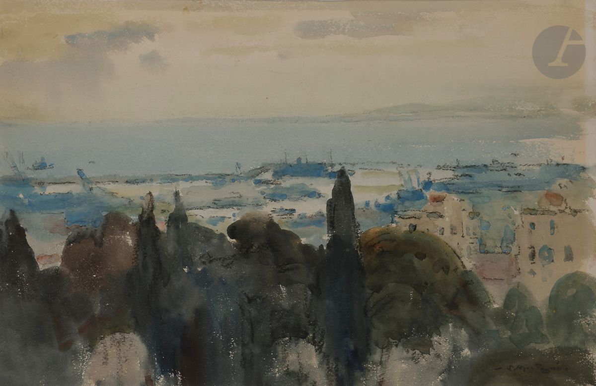 Louis MONTAGNÉ (1879-1960)
Vue d’un port en méditerranée
Aquarelle sur papier contrecollé sur carton.
Signée en bas à droite.
27 x 40,5 cm