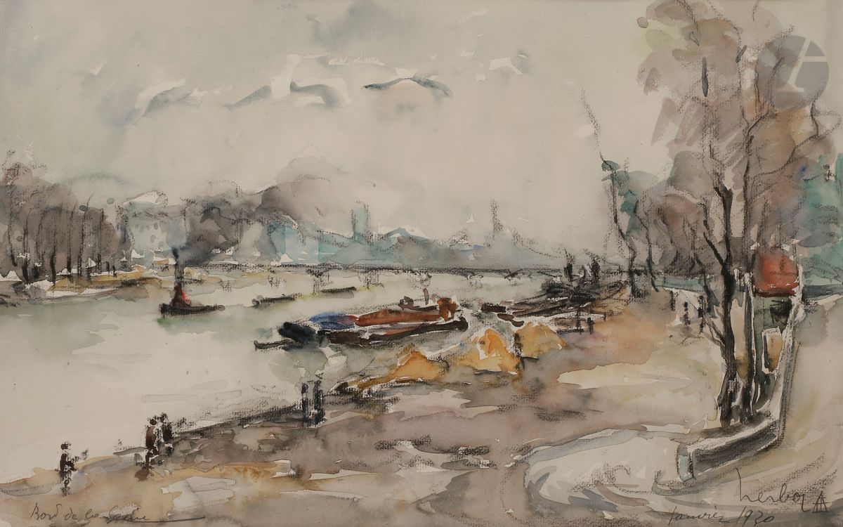 Fernand HERBO (1905-1995)
Bord de Seine, 1930
Aquarelle et fusain.
Signée et datée en bas à droite.
Située en bas à gauche.
30 x 47 cm