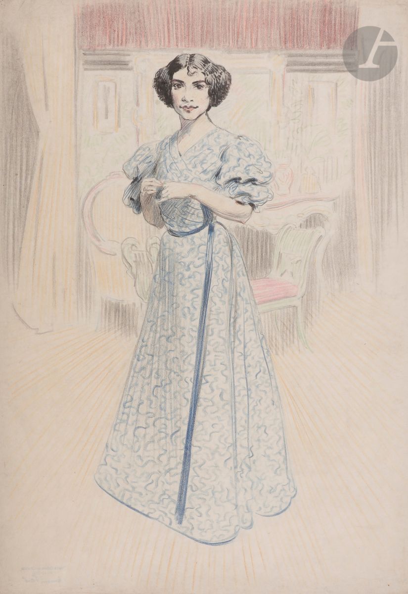 René-Georges Hermann, dit HERMANN-PAUL (1864-1940)
Femme à la robe bleue
Crayons de couleur
Non signé.
63 x 44 cm

Provenance : 
Vente Hermann-Paul, Maîtres Lelièvre, Maiche et Paris, Chartres, 23 octobre 2000, n° 30 (timbre au dos).