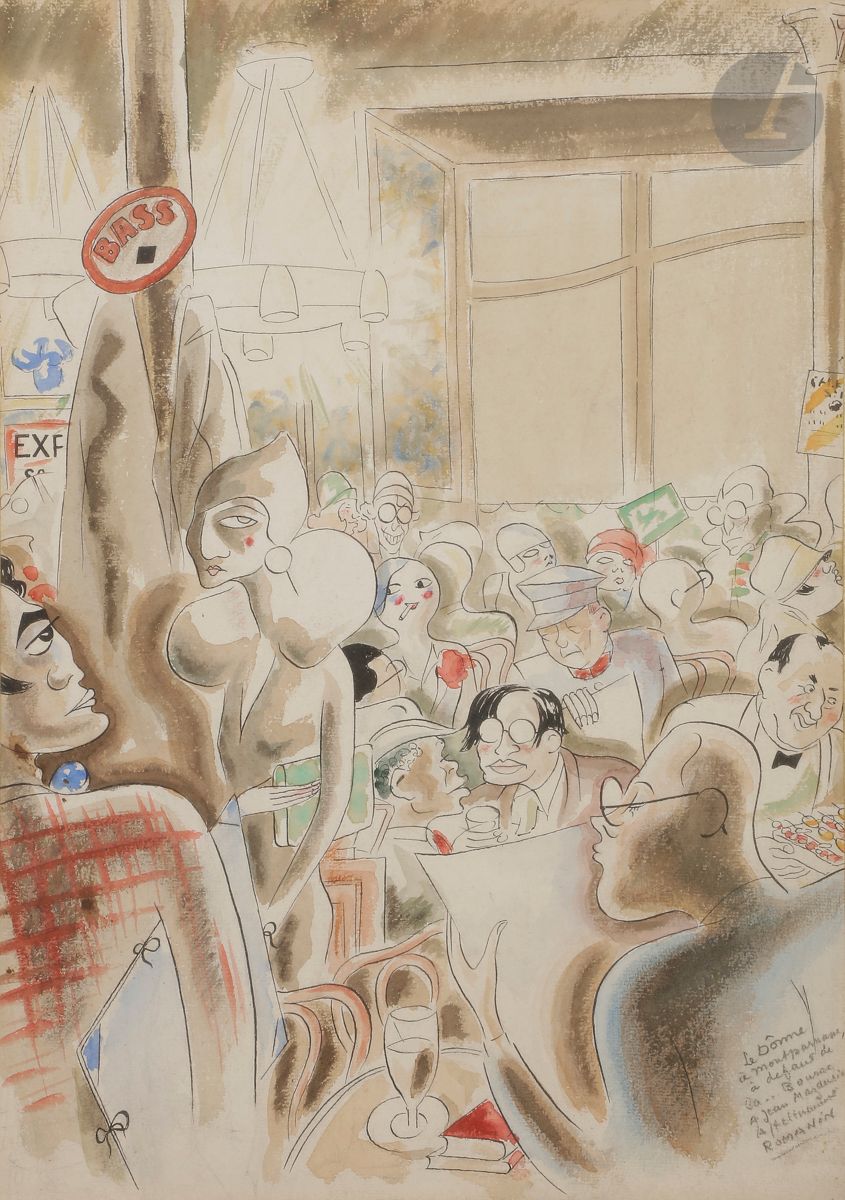 Jean MOULIN dit ROMANIN (1899-1943)
Le Dôme à Montparnasse à défaut de la ... Bourse
Aquarelle et encre sur traits de crayon.
Signée « Romanin » et dédicacée « à Jean Mazauric » en bas à droite.
43,5 x 31 cm

Dès l’âge de 15 ans, Jean Moulin publie son premier dessin dans le n° 17 de La Baïonnette, le 28 octobre 1915. Ses dessins paraissent dans la presse satirique parisienne sous son nom Jean Moulin. À partir de 1922, date de son entrée dans la carrière administrative, il signe du pseudonyme de « Romanin », nom d’un château féodal des Alpilles qu’il a souvent fréquenté dans sa jeunesse.
Il est sollicité et collabore régulièrement avec de nombreux journaux : En attendant, Le Journal amusant, Le Rire, Le Carnet de la Semaine, Gringoire, Ric et Rac, etc. Le Rire, dans sa publicité de l’époque, cite Romanin au nombre de ses meilleurs et plus spirituels dessinateurs. 
Le nom de Romanin reste aussi célèbre dans l’histoire de la résistance française, Jean Moulin donnera ce nom à la galerie niçoise qui lui servira de couverture pendant la guerre.