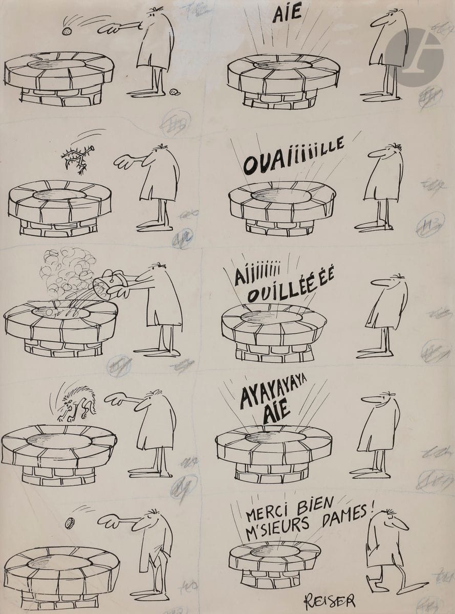 Jean-Marc REISER (1941-1983)
Donnez ce que vous pouvez
Encre - 10 vignettes sur une même feuille.
Signée en bas à droite.
39 x 29 cm