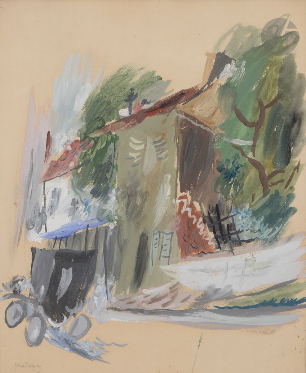 Jean Puni dit POUGNY (1892-1956)
La Traversée du village, vers 1920-25
Gouache.
Signée en bas à gauche.
53 x 43 cm
