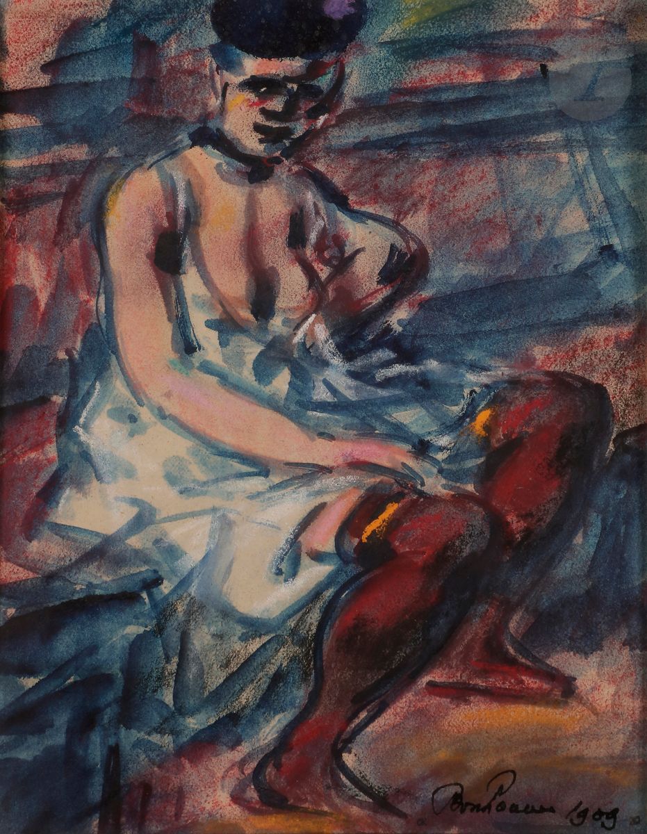 Léon BONHOMME (1870-1924)
Femme dénudée, 1909
Aquarelle et pastel.
Signée et datée en bas à droite.
21,5 x 14,5 cm

Provenance : 
Collection Paule Cailac, Paris.
