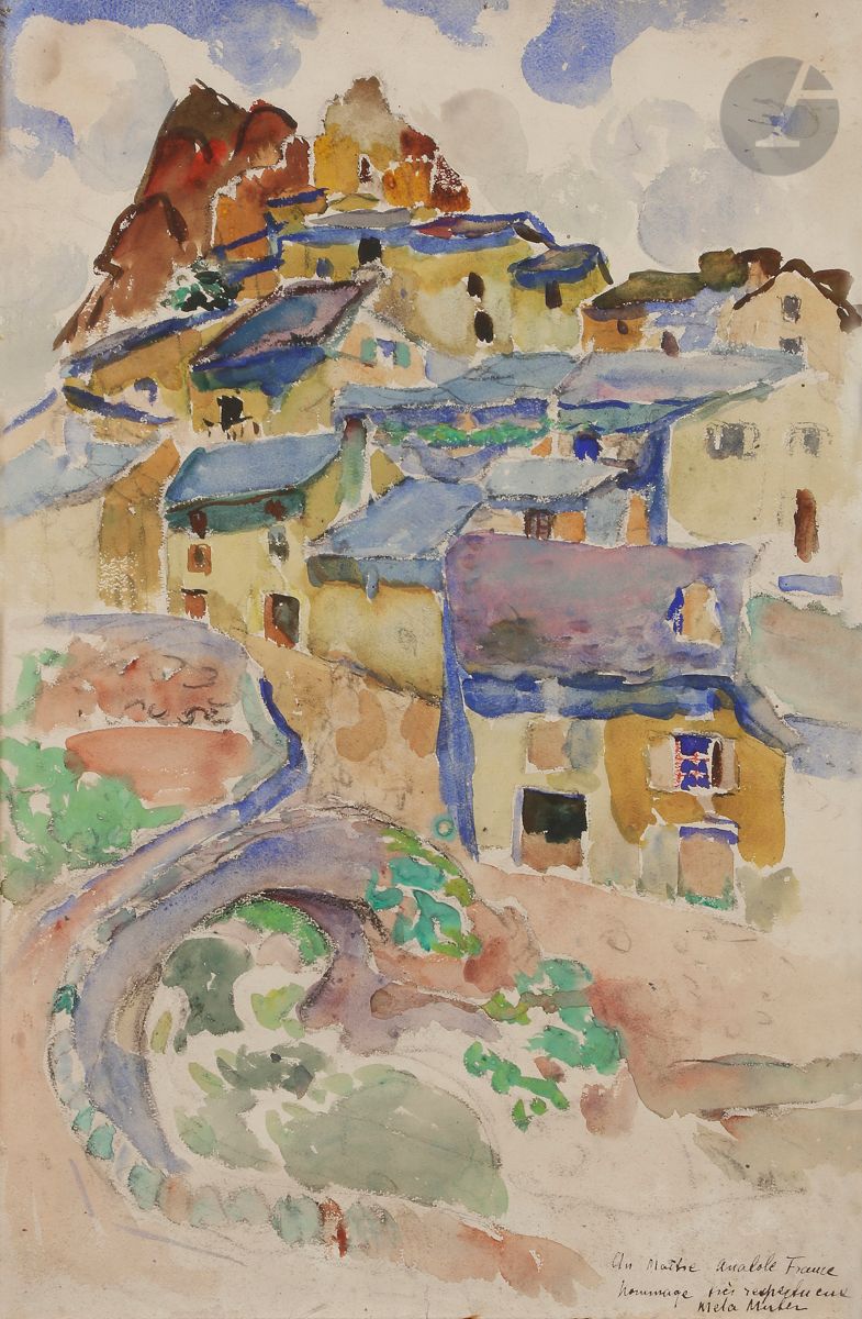 Mela MUTER (1876-1967)
Village du Sud
Aquarelle.
Signée et dédicacée « Au maître Anatole France - Hommage très respectueux ».
54 x 36 cm

En 1917, Mela Muter rencontre Raymond Lefebvre, militant pacifiste et socialiste, avec lequel elle noue une relation qui précipite la fin de son mariage en 1919. Avec Lefebvre, Muter s’entoure d’autres intellectuels français de gauche comme Romain Rolland, Henri Barbusse et Anatole France à qui notre dessin est dédicacé et commence à publier des dessins pacifistes pour le magazine « Clarté ».