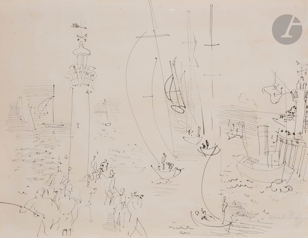 Raoul DUFY (1877-1953)
La Rentrée des Yachts à Deauville, 1928
Encre.
Signée en bas à droite.
(Rousseurs).
49 x 63,5 cm

Provenance : 
Galerie Louis Carré, Paris (étiquette au dos du montage).

Expositions:
- Dufy, Galerie Art Point, Tokyo,1985, n° 17, reproduit au catalogue.
- Watercolours and Drawings, Raoul Dufy 1877-1953, J.P.L. Fine Arts Paintings, Londres, 1987, n° 28, reproduit au catalogue p. 35.
- Raoul Dufy, Galerie Salis, Salzbourg, 1988, n° 2, reproduit au catalogue.

Bibliographie:
- F. Goy-Truffaut, Des Régates couleurs d’azur in Bateaux magazine, 1988, p. 66, reproduit.
- Fanny Guillon-Laffaille, Raoul Dufy, Catalogue Raisonné des dessins, Éditions Marval, 1991, reproduit p. 209, sous le n° 516.