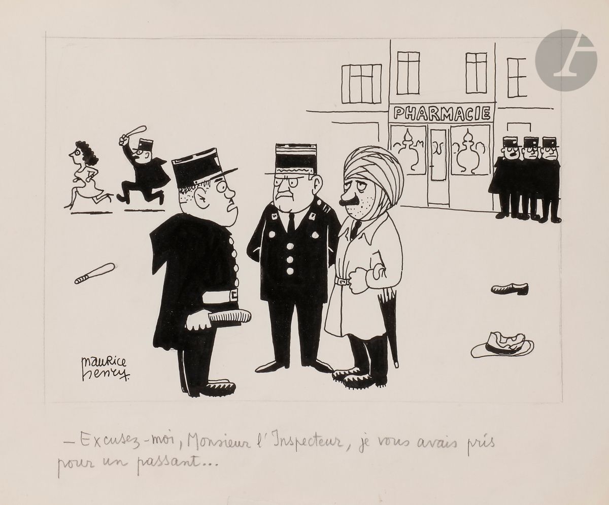Maurice HENRY (1907-1984
)Excuse me, Mr. Inspector, I had taken you for a passer-by...
Ink and pencil.
Signed lower left.
Captioned at the foot.
(Tiny tear in the margin).
25 x 32,5 cm





