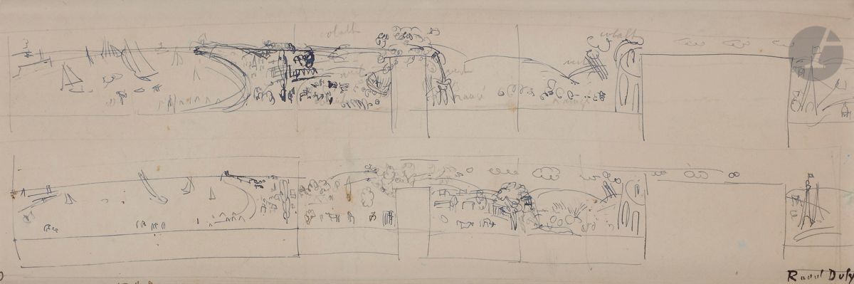 Raoul DUFY (1877-1953)
Projet de décor pour la salle à manger du Docteur Viard, vers 1927-33
Encre.
Timbre de l’atelier en bas à gauche.
15 x 45 cm
