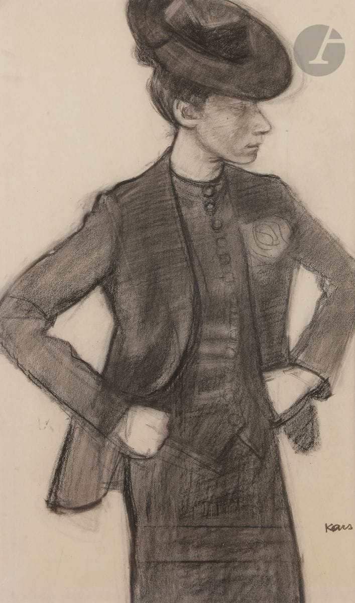 Jiri Karpeles, dit Georges KARS (1882-1945)
Élégante au chapeau
Fusain et estompe.
Timbré en bas à droite.
54 x 32 cm

Nous remercions Mesdames Nadine Nieszawer et Marianne Le Morvan d’avoir confirmé l’authenticité de cette œuvre, qui sera incluse au Catalogue Raisonné en préparation.