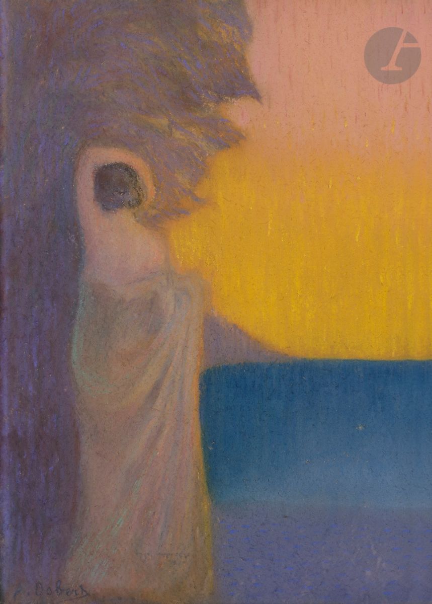 Alphonse OSBERT (1857-1939
)Young woman at the edge of a lakePastel
.
Signed lower left.
30 x 22 cmThis

pastel is technically very advanced, accomplished and designed as a real painting

.

The result is a majestic work in terms of its composition and choice of colours, hence its eminently decorative character despite its format (unusual in the painter's output). Osbert has completely mastered the interplay and relationship of complementary colours, principles inspired by Chevreul's laws. The layering of colours in the right-hand section, in several successive planes, corresponds to the different elements of nature which are superimposed, the water, the forest and the sky, with an excess of yellow symbolising the liveliness of a sun which rises or sets. The colours are treated in flat tones and their decorative arrangement recalls the compositions of Maurice Denis and the Nabis, whose Talisman, inspired by the lessons of Gauguin, is the origin. Here Osbert applies the principle of the surface reduced to a single vertical plane, without any effect of perspective or depth, with colours that are juxtaposed to the point of composing a kind of mosaic. 
The colours are surprisingly bold and contrasting, especially the blue and yellow, which create a certain harmony and are in perfect harmony with the mauve and pink. These colours are vivid, exaggerated, distorted compared to those Osbert discovers when observing nature. 
The female figure, who is the subject of the painting, appears on the left-hand side. Here the colours are softer, more nuanced, treated in a gradation of mauve and pink, the technique of which borrows from Impressionist practice. The young woman is getting ready to enter the water and is undressing. The drapery deliberately leaves the back bare and gives this figure a sensuality and grace, which is in keeping with the theme of the bath, and contrasts in its treatment with the right-hand side of the painting, which appears almost abstract and geometric. The gesture of the arm around the hair is common in Osbert's compositions, more particularly borrowed from the decoration of Vichy. This is an original and atypical work which can be compared with the Bath dating from 1904. Véronique Dumas, March 2021 (Véronique Dumas, Le Peintre symboliste Alphonse Osbert, Paris, Éditions du CNRS, 2005.)

We thank Madame Véronique Dumas for the information contained in this notice.









