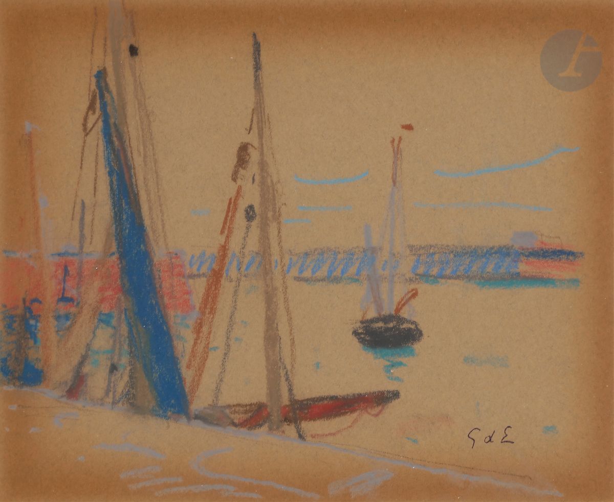 Georges d’ESPAGNAT (1870-1950)
Normandie, bateaux au port
Pastel.
Timbré en bas à droite.
(Insolé).
19,5 x 24 cm

Provenance : 
Collection particulière, Paris.

Un certificat de Monsieur Jean-Dominique Jacquemond pourra être remis à la charge de l’acquéreur.