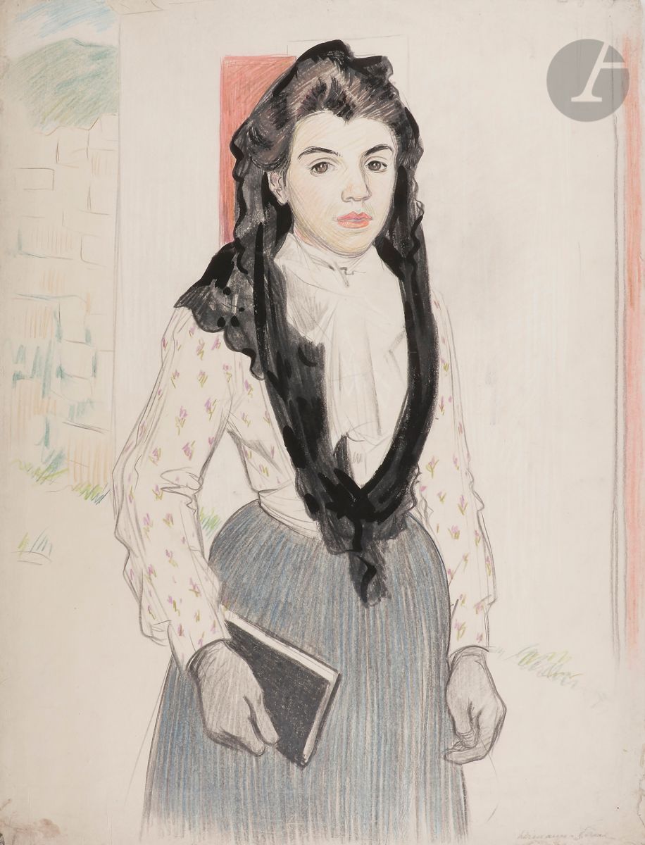 René-Georges Hermann, dit HERMANN-PAUL (1864-1940)
Femme à la mantille, vers 1900
Crayons de couleur et gouache.
Signé en bas à droite.
(Papier doublé).
65 x 51 cm

Provenance : 
Vente Hermann-Paul, Maîtres Lelièvre, Maiche et Paris, Chartres, 23 octobre 2000, n° 58 (reproduit au catalogue p. 1).