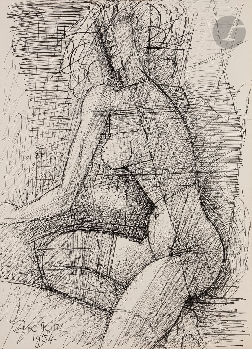 Marcel GROMAIRE (1892-1971)
Femme nue assise aux bas, 1954
Encre.
Signée et datée en bas à gauche.
33 x 26 cm

Provenance : 
Collection Paule Cailac, Paris.

Un certificat de Marcel Gromaire sera remis à l’acquéreur.