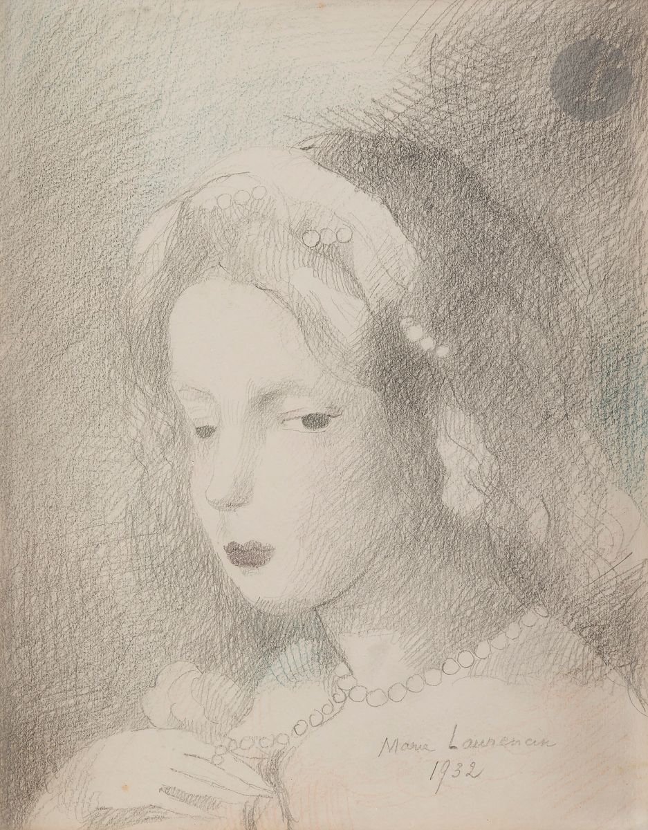 Marie LAURENCIN (1885-1956)
Jeune femme au collier de perles, 1932
Mine de plomb et estompe.
Signée et datée en bas à droite.
24 x 19 cm

Cette œuvre est répertoriée dans les Archives Marie Laurencin de Monsieur Daniel Marchesseau.