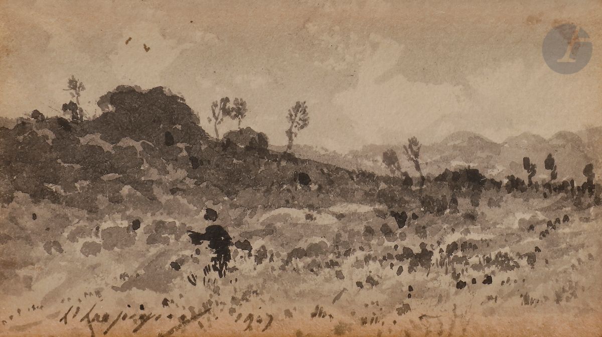 Henri Joseph HARPIGNIES (1819-1916)
Homme dans la campagne, 1907
Encre et lavis d’encre.
Signée et datée en bas à gauche.
Signée et dédicacée au dos.
5 x 8 cm

Cette œuvre sera incluse au Catalogue Raisonné en préparation par Monsieur Jean-Pierre Cappoen.
Nous remercions Monsieur Cappoen pour les informations contenues dans cette notice.