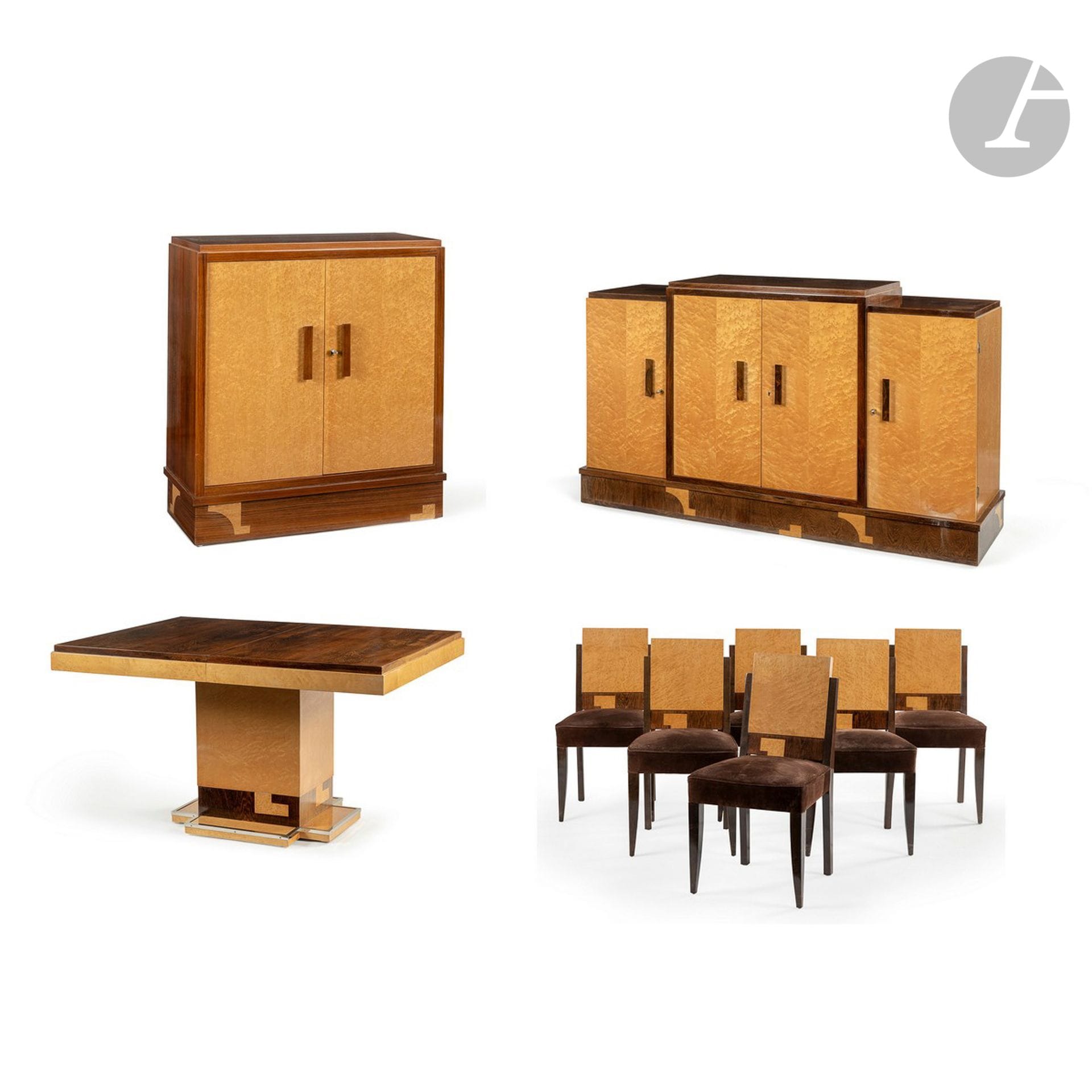 MICHEL DUFET (1888-1985) DÉCORATEUR ET AU BÛCHERON ÉDITEUR & TRAVAIL DES ANNÉES 1930 & TRAVAIL MODERNE
Mobilier de salle à manger en placage d’érable moucheté et de palissandre composé :
- D’un buffet ouvrant par 4 portes en façade ; modèle conçu par Michel Dufet et édité par Au Bûcheron. Le socle en retrait au décor géométrique réalisé en marqueterie refaite à l’identique. Les prises en palissandre. Restaurations, notamment des marqueteries et des placages refaits. H. 111 cm – L. 187 cm – P. 51 cm
- D’un petit meuble en placage de palissandre et érable moucheté ; travail moderne. La façade ouvrant par deux portes pleines, le socle en retrait au décor en marqueterie. H. 98 cm – L. 84 cm – P. 40 cm
- D’une table rectangulaire en placage de palissandre et d’érable moucheté ; modèle conçu par Michel Dufet et édité par Au Bûcheron. Le plateau ouvrant en son centre pour recevoir une allonge (fournie). Le pied central carré au décor en marqueterie en partie basse repose sur une base soulignée d’une cornière en métal chromé non d’origine. Restaurations, notamment des placages changés, marqueteries possiblement refaites, cornière métallique non d’origine. H. 74,5 cm – L. 130 cm – L. 102 cm
- D’une suite de 6 chaises ; travail anonyme de années 1930. Les dossiers en marqueterie non d’origine, les pieds de type sabre, les galettes tapissées de nubuck non d’origine. État d’usage. H. 85 cm

Bibliographie : 
- Au Bûcheron – Catalogue commercial de 1932. Modèles du buffet et de la table reproduits pages 37.
- Florence Camard – Michel Dufet ; architecte décorateur – Les Éditions de l’Amateur, Paris, 1988. Modèles identiques et variantes de notre buffet et de notre table reproduits pages 115, 119 et 123.