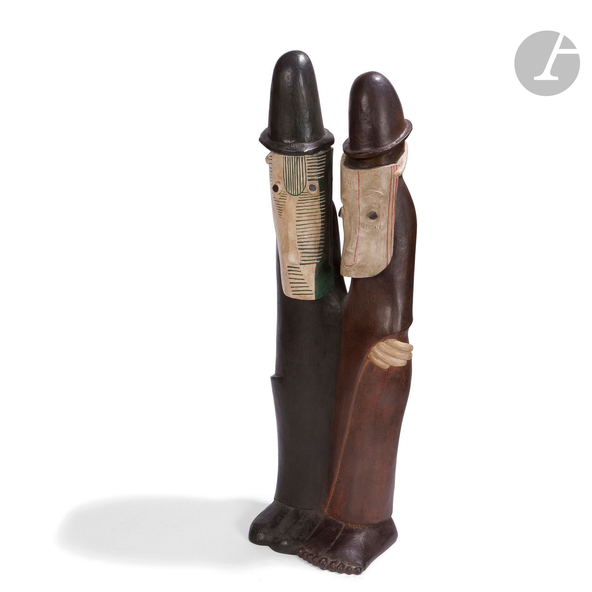 JEAN LAMBERT-RUCKI (1888-1967) 
Couple aux masques dit aussi Double masques, agrandissement d’après un modèle conçu vers [1937], exemplaire n° E.A. I/IV
Groupe sculpté. Épreuve en bronze patiné et peint. Fonte d’édition post-mortem. Inscrit J. LAMBERT-RUCKI, porte le justificatif de tirage E.A. I/IV, la marque d’éditeur JdV et le cachet de fondeur Candide sur le pourtour de la base. H. 107 cm

Important :
Un certificat du Comité Lambert-Rucki pourra être, à sa demande et à sa charge, remis à l’acquéreur.

À noter :
Le plâtre original de ce modèle de sculpture fut présenté lors de l’Exposition des Arts et Techniques, Paris, 1937.

Bibliographie :
Jacques De Vos, Marc-André Ruan, Jean-Pierre Tortil – Jean Lambert-Rucki, 1888-1967 – Éditions Galerie Jacques de Vos, Paris, 1988. Le plâtre original et polychrome de notre sculpture reproduit page 52.
