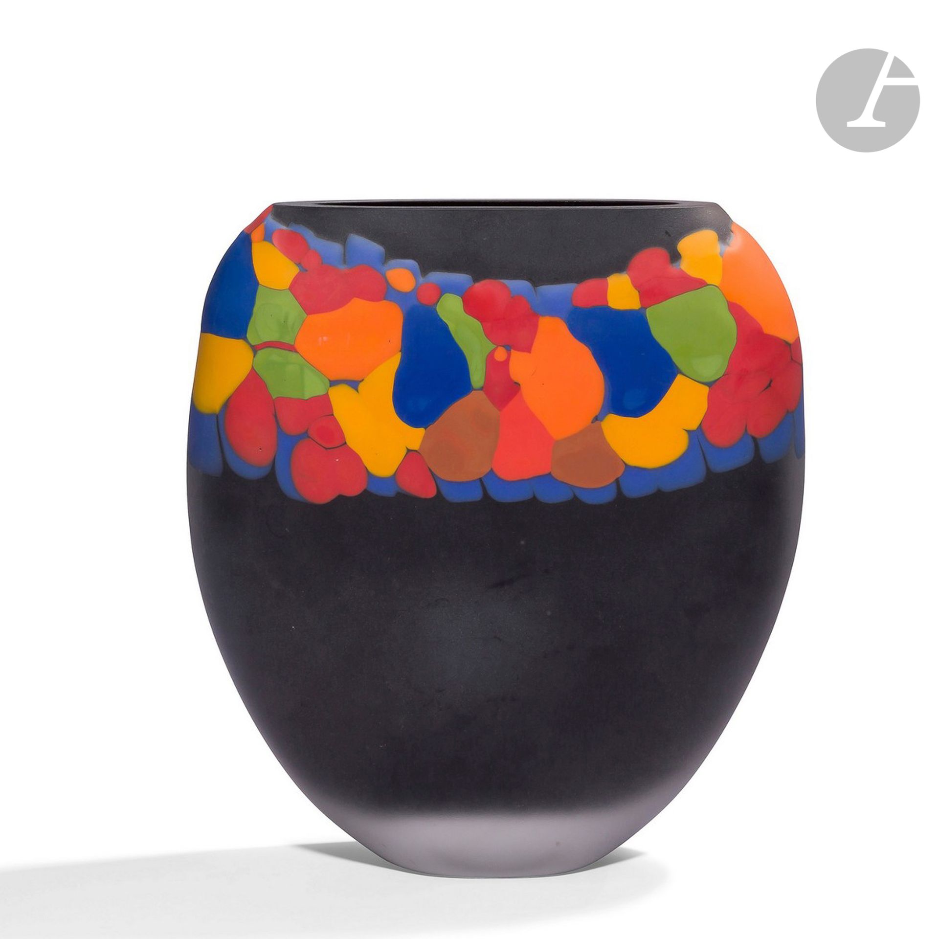 JEAN-LUC GARCIN [French] (born in 1954
)High blown and sandblasted glass vase, flattened form with polychrome abstract decoration on black background. Signed and dated 1990 on the base. 
H. 29 cm - W. 26 cm - D. 7 cm

