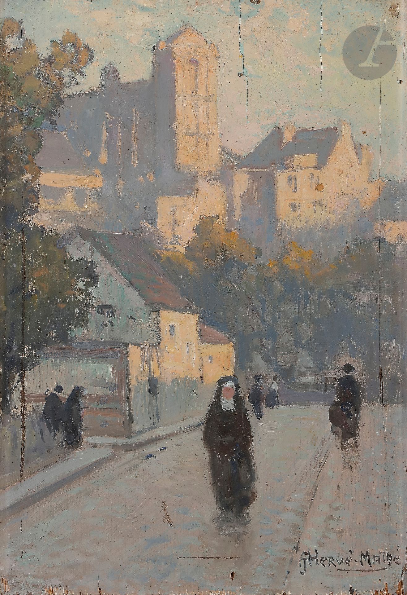 Jules Alfred HERVE-MATHE (1868-1953)
Le Mans, rue animée et la Cathédrale
Huile sur panneau.
Signée en bas à droite.
(Salissures et petits accidents).
27 x 19 cm

Exposition : 
Exposition rétrospective J. A. Hervé-Mathé, Abbaye de l'Épau, 1989, n° 2 (étiquette au dos).