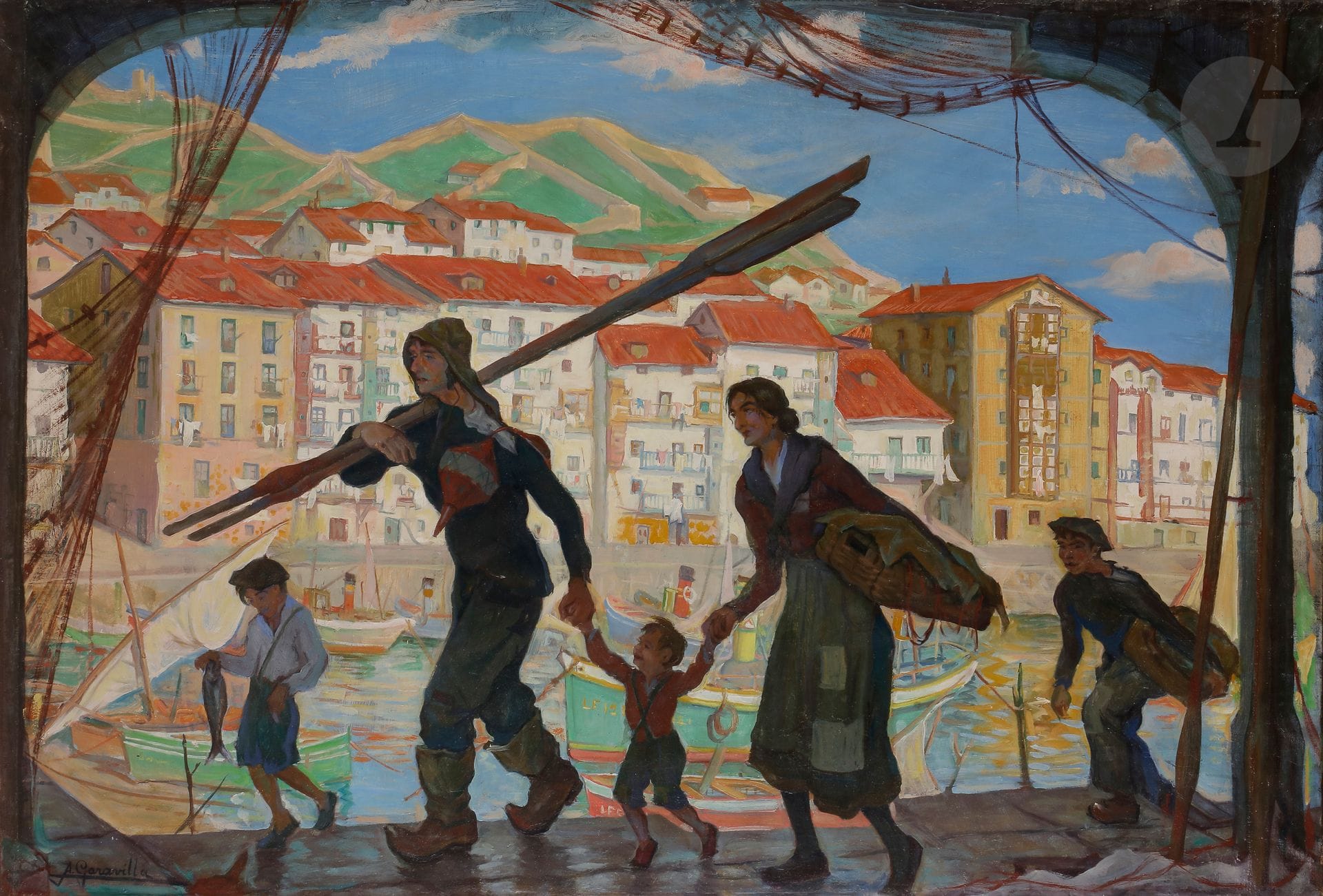 Angel GARAVILLA (1906-1961)
Famille basque sur le port de Lekeitio
Huile sur toile.
Signée en bas à droite.
76 x 113 cm