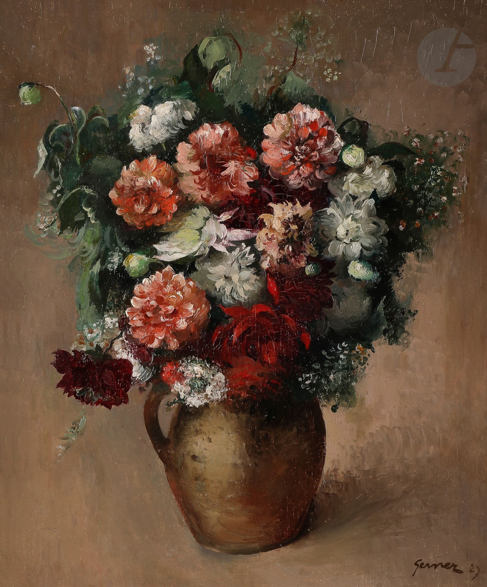 Paul-Elie GERNEZ (1888-1948)
Vase de fleurs, 1927
Huile sur toile.
Signée et datée en bas à droite.
55 x 46 cm