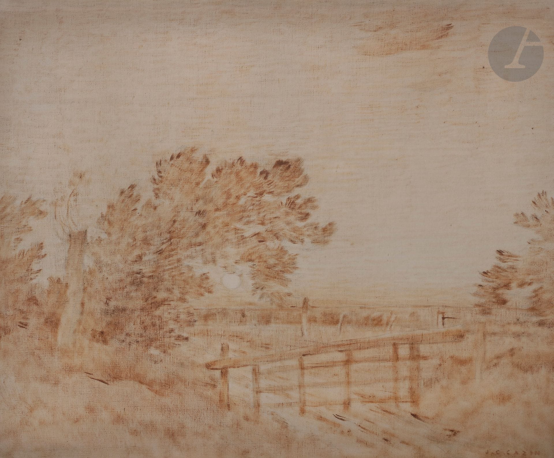 Jean-Charles CAZIN (1841-1901)
Paysage à la barrière
Peinture à l'essence sur toile.
Signée en bas à droite.
48 x 53 cm
