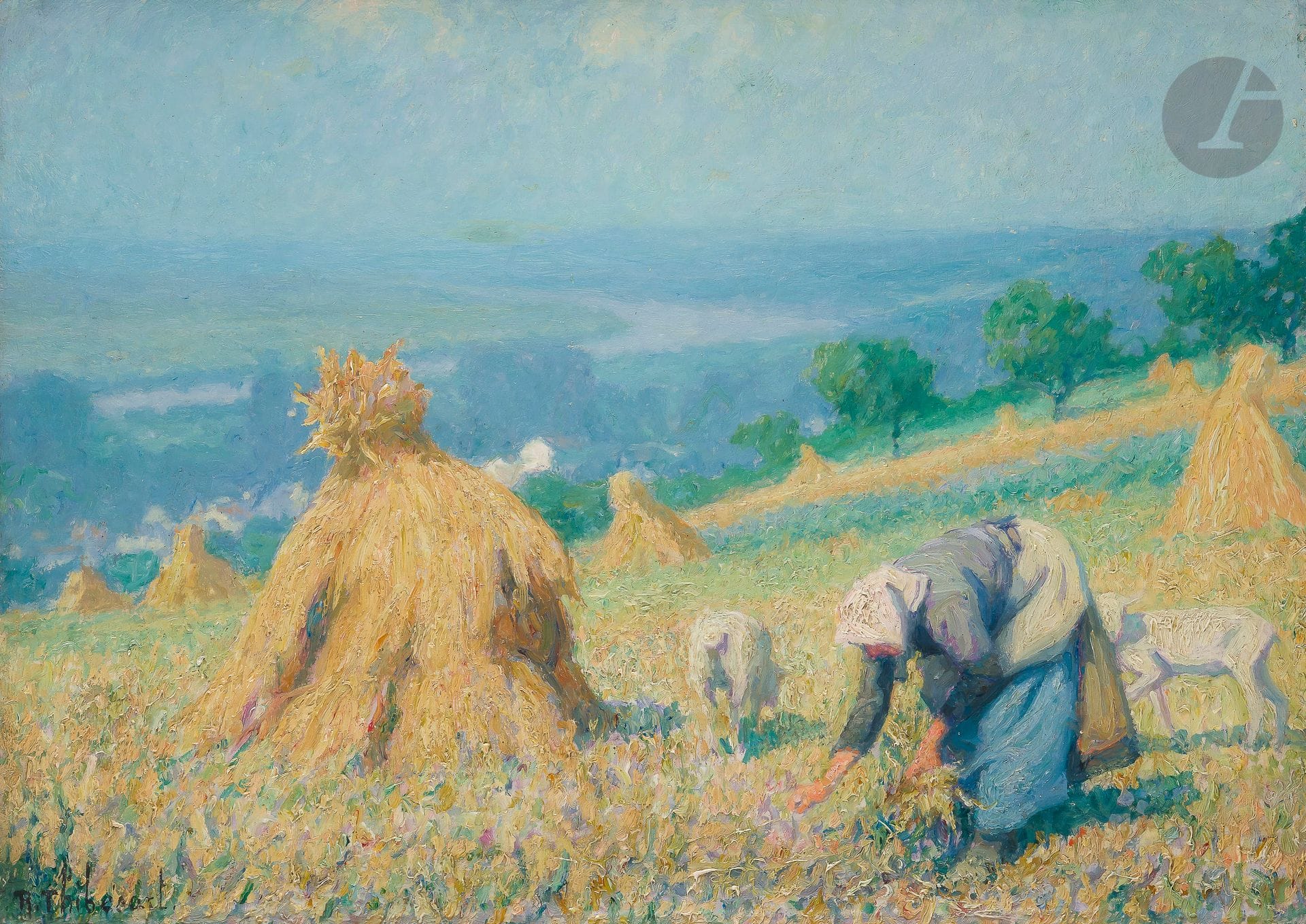 Raymond THIBESART (1874-1963)
La Glaneuse, 1926
Huile sur toile.
Signée en bas à gauche.
Signée, datée et titrée au dos.
(Petites restaurations).
50 x 65 cm

Provenance : 
Galerie Georges Petit, Paris.