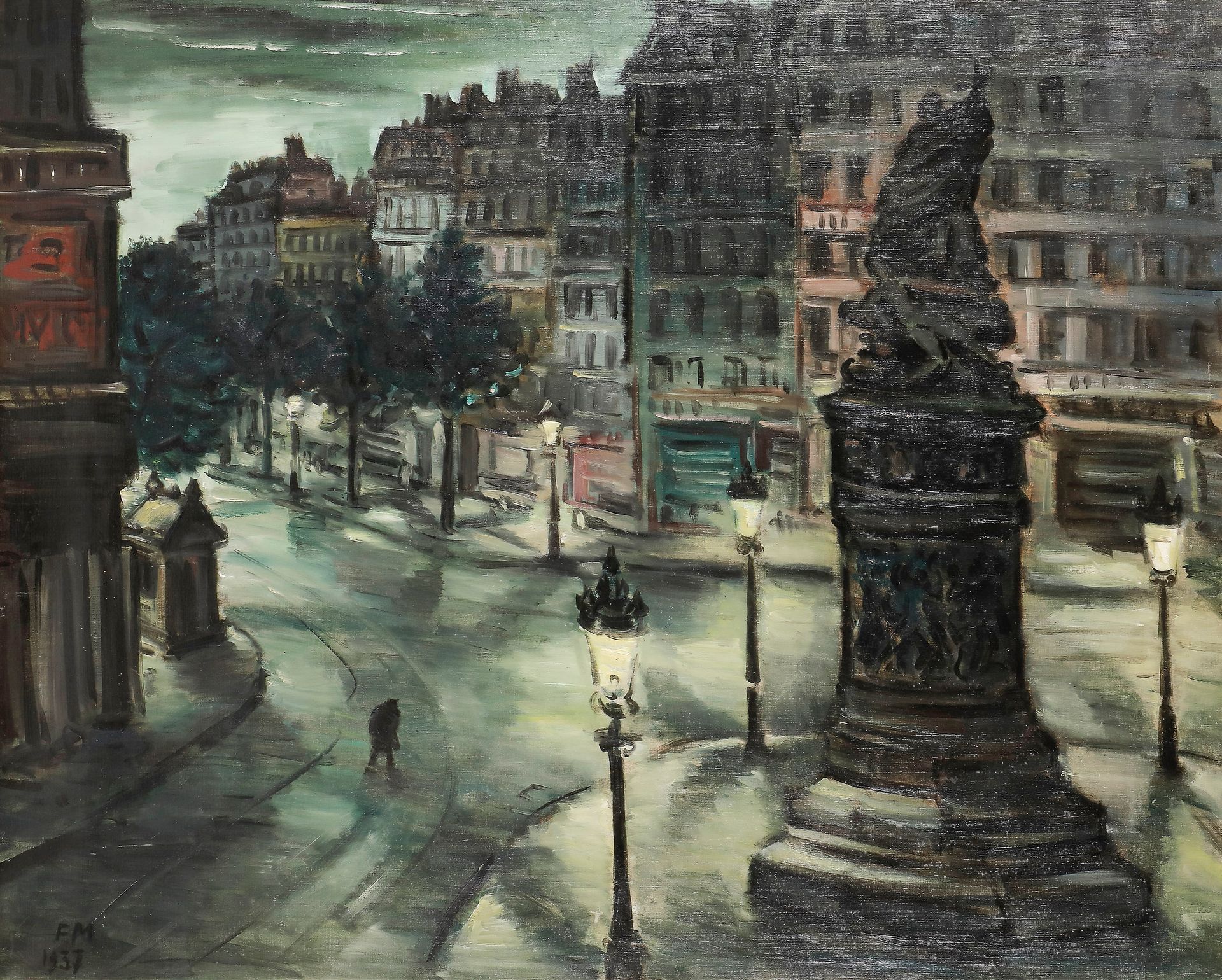Frans MASEREEL (1889-1972)
Place Clichy déserte, 1937
Huile sur toile.
Monogrammée et datée en bas à gauche.
Signée et datée au dos.
(Restauration).
81 x 100 cm

Expositions :
- Frans Masereel, Turnhout, février-mars 1966, n° 71.
- Frans Masereel, Kammer für Arbeiter und Angestellte, Vienne, novembre - décembre 1966, n° 11.
- Frans Masereel, Pfälzgalerie, Kaiserlautern, septembre - octobre 1967, n° 17.
- Frans Masereel, Heidelberger Kunstverein, Heidelberg, octobre - novembre 1967, n° 17.
- Frans Masereel, Société des Arts, Mulhouse, janvier 1968, n° 74.
- Frans Masereel, Pirmasens, février 1968, n° 17.
- Frans Masereel, Städtisches Museum, Trêves, mars 1968, n° 17.
- Frans Masereel, Maison Belge, Cologne, avril-mai 1968, n° 17.
- Frans Masereel, Deutsche Akademie der Künste, Berlin (R.D.A.), mars - mai 1969.
- Frans Masereel, Museum der Bildenden Künste, Leipzig, juin - juillet 1969.
- Frans Masereel, Salle des fêtes, Anvers, août - septembre 1969.
- Frans Masereel, Palais des Beaux-Arts, Charleroi, septembre- novembre 1969, n° 17.
- Frans Masereel, Paulskirche, Francfort-sur-Main, février - mars 1970, n° 139.
- Frans Masereel, Kongresshalle, Berlin (R.F.A.), mars - avril 1970, n° 139.

Bibliographie :
Pierre Vorms, Frans Masereel Catalogue Raisonné, Fonds Mercator, Anvers, 1976, n° 403, p. 74.

L'œuvre est répertoriée dans les archives de la Deutsche Fotothek de Dresde sous le numéro DF 154086.
