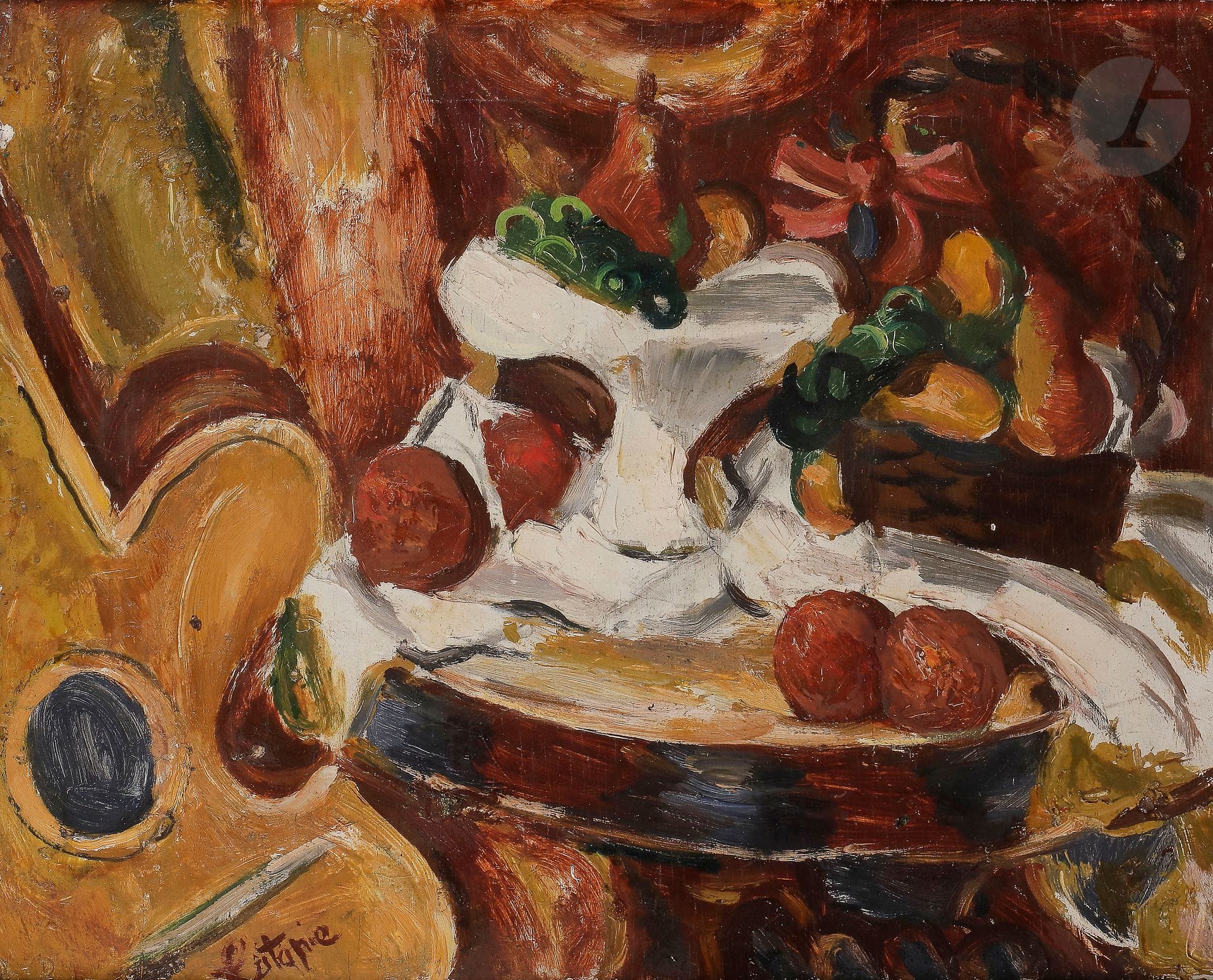 Louis LATAPIE (1891-1972)
Nature morte à la coupe de fruits, 1930
Huile sur panneau.
Signée en bas à gauche.
37 x 44 cm

Nous remercions Madame Dominique Bissière d'avoir confirmé l'authenticité de cette œuvre.