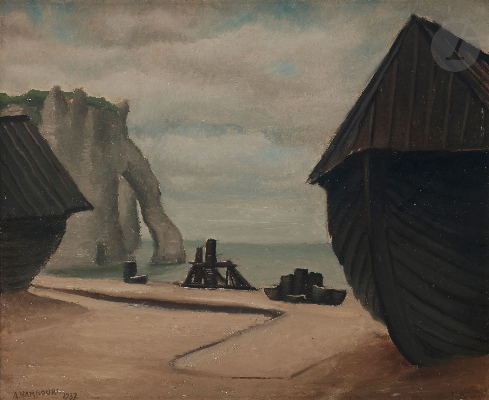 André HAMBOURG (1909-1999)
À Étretat 1937, 1937
Huile sur toile.
Signée et datée en bas à gauche.
Monogrammée, datée et titrée au dos.
33 x 41 cm 

Bibliographie :
Lydia Harambourg, André Hambourg, 1909-1999 : Catalogue Raisonné de l'œuvre peint - Tome II, Desgrandchamps, Paris, 2009-2012, n° GP19, reproduit p. 26.